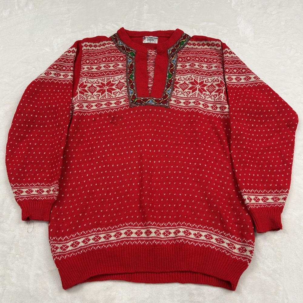 Norwegian Design Sweater Unisex Large Red Fair Isle Embroidered Nordic Knit